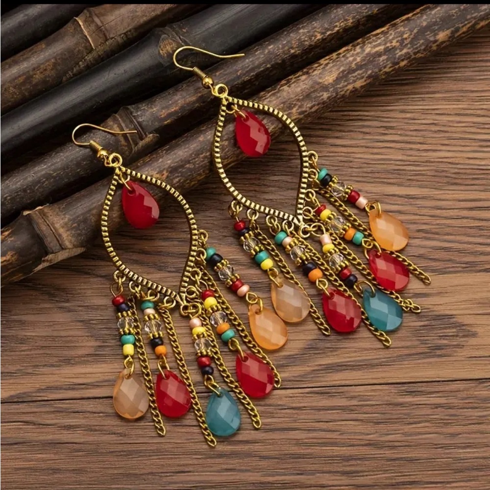 Jem Water Drop Dangling Tassel Earrings (Mixed Color)‎